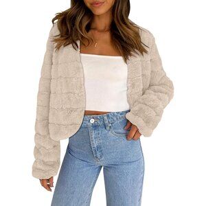 Women's Faux Fur Coats Fleece Cropped Jacket Long Sleeve Shaggy Warm Khaki